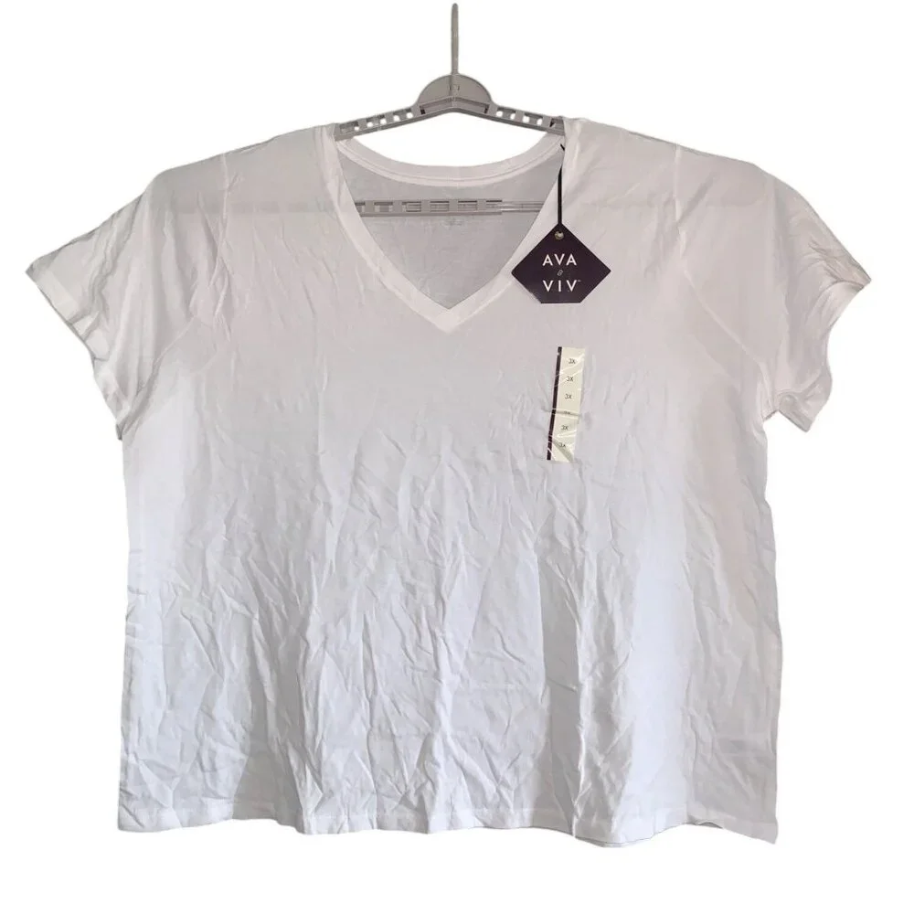 Ava & Viv Womens Plus Size White V-Neck Basic Tee Soft Cotton Casual Top - Picture 2 of 12